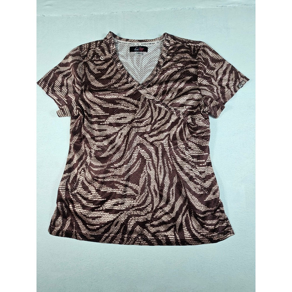 Koi Lite Serenity Scrub Top Womens Medium Brown Zebra Print Mesh V-Neck 350PR